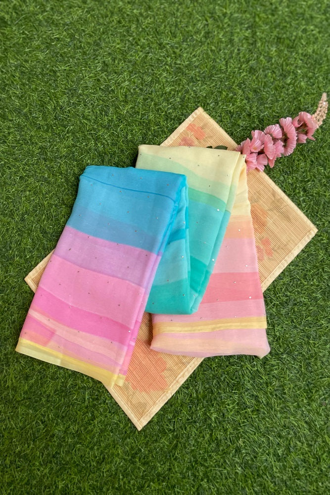 Multi Stripe Printed Chiffon Saree With Blouse Piece