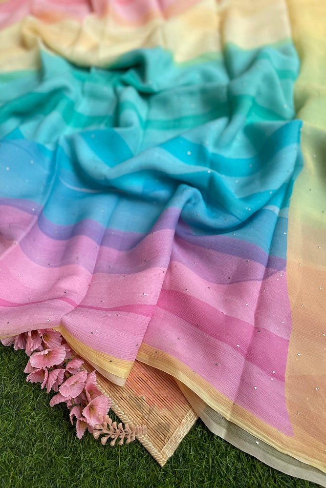 Multi Stripe Printed Chiffon Saree With Blouse Piece