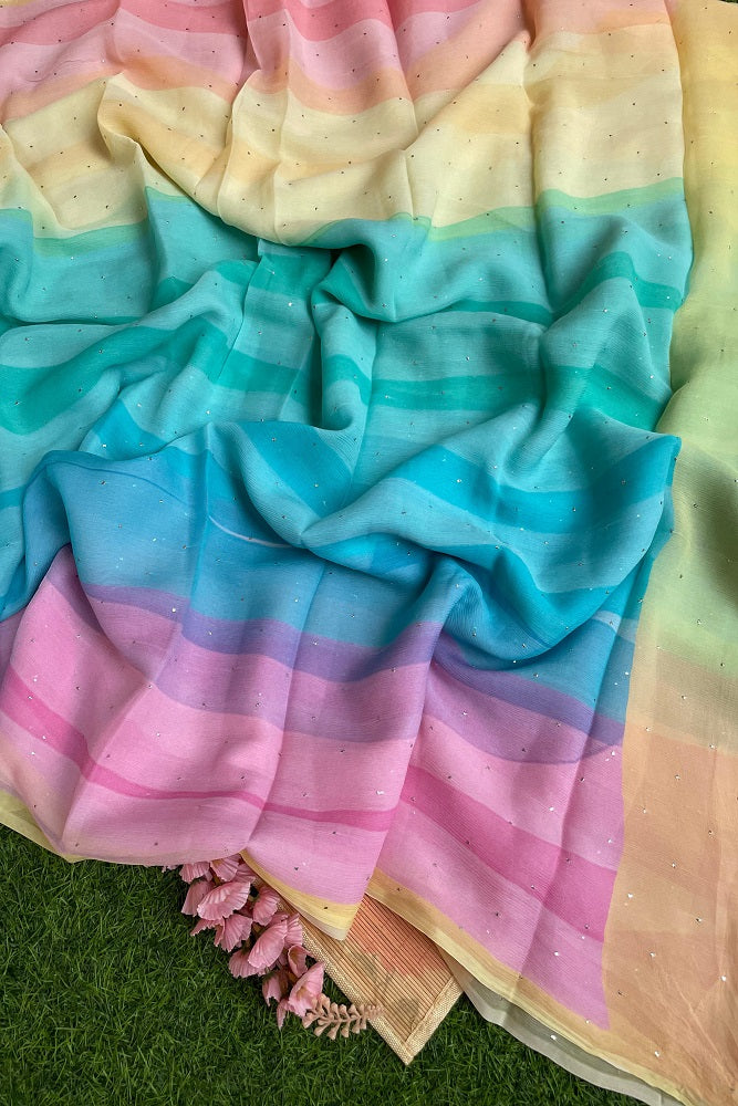 Multi Stripe Printed Chiffon Saree With Blouse Piece
