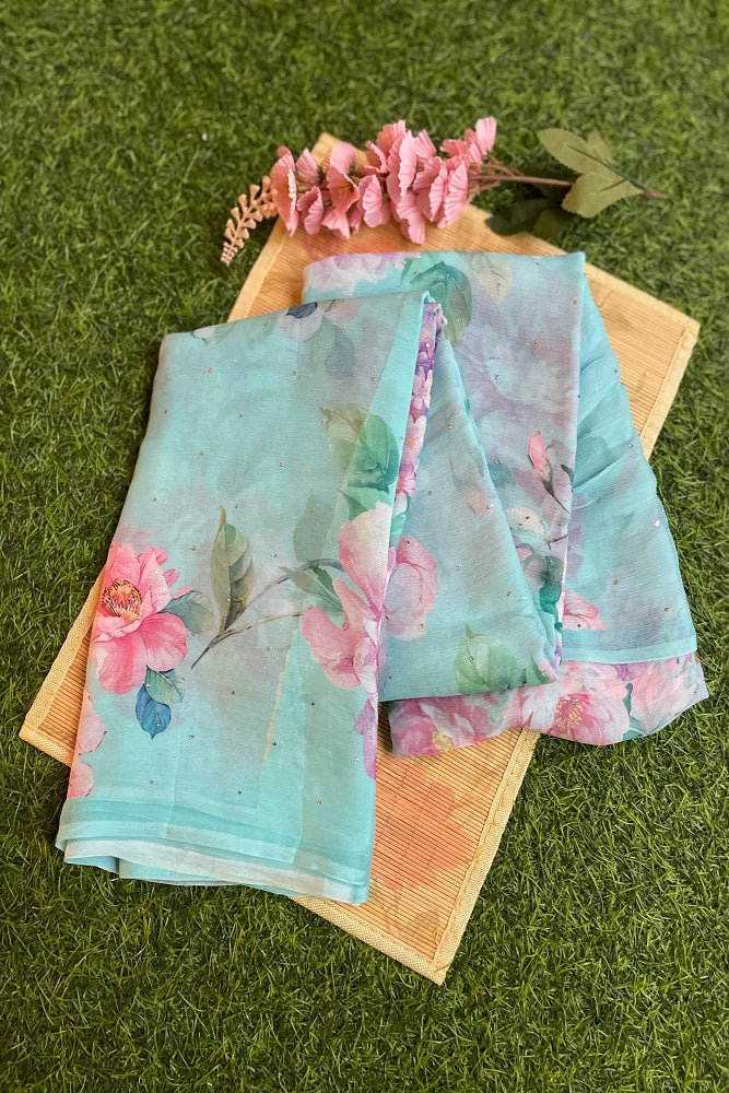 Firozi Blue Multi Floral Printed Chiffon Saree With Blouse Piece