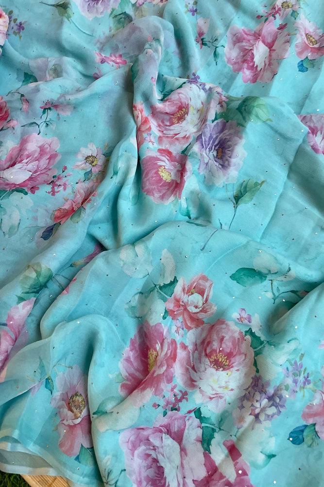Firozi Blue Multi Floral Printed Chiffon Saree With Blouse Piece