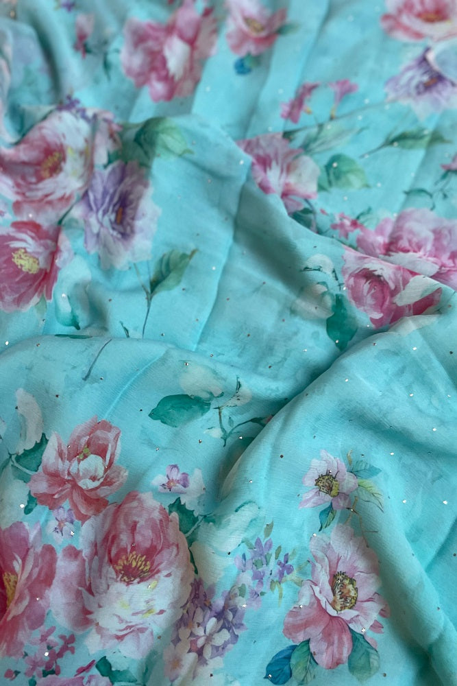 Firozi Blue Multi Floral Printed Chiffon Saree With Blouse Piece