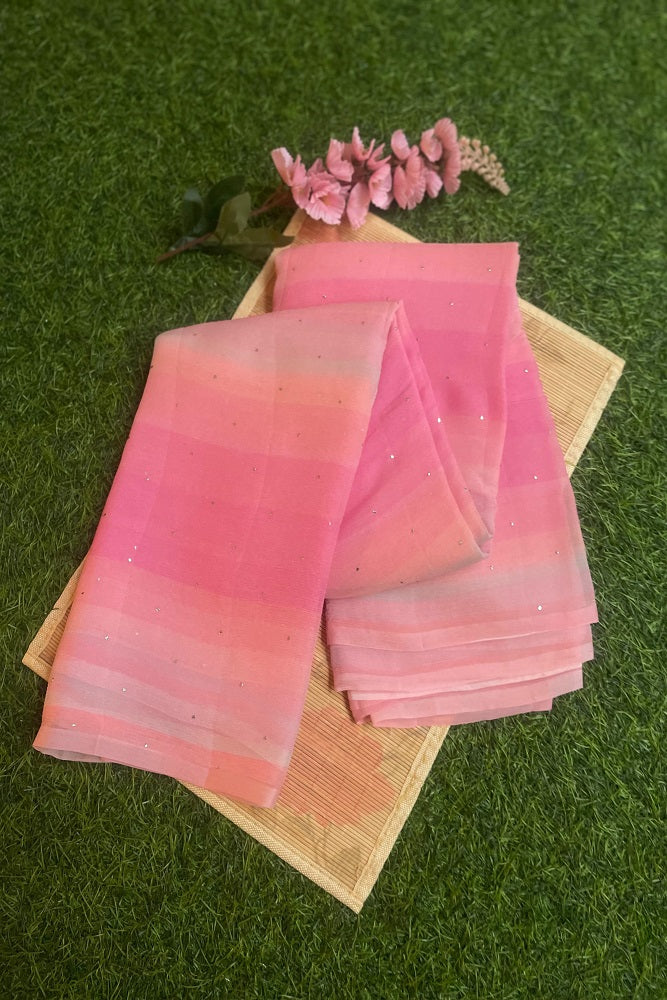 Multi Stripe Printed Chiffon Saree With Blouse Piece