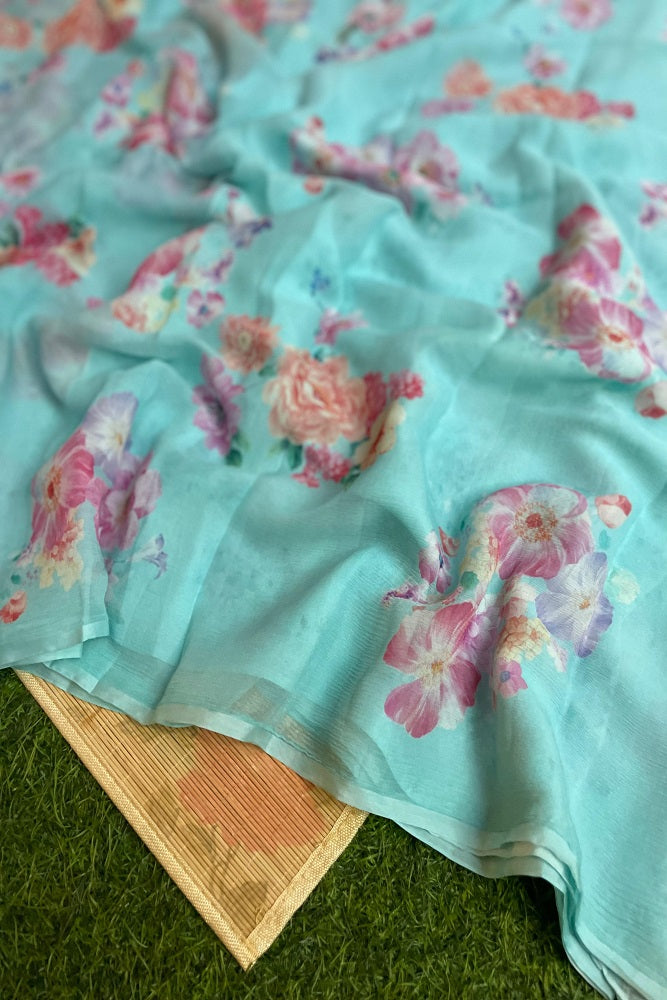 Fiozi Blue Multi Floral Printed Chiffon Saree With Blouse Piece
