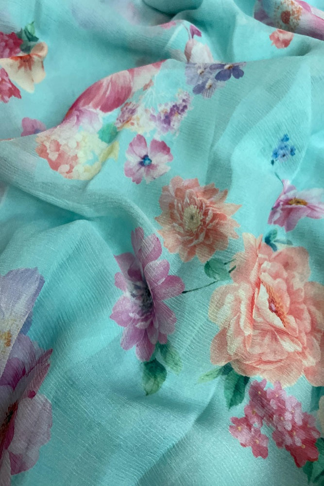 Fiozi Blue Multi Floral Printed Chiffon Saree With Blouse Piece