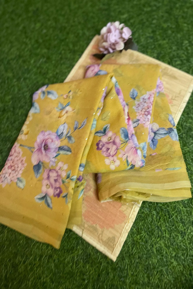 Yellow Multi Floral Printed Chiffon Saree With Blouse Piece