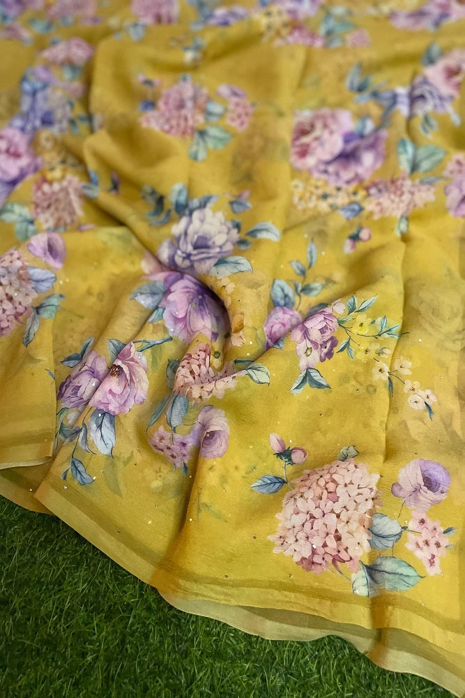 Yellow Multi Floral Printed Chiffon Saree With Blouse Piece