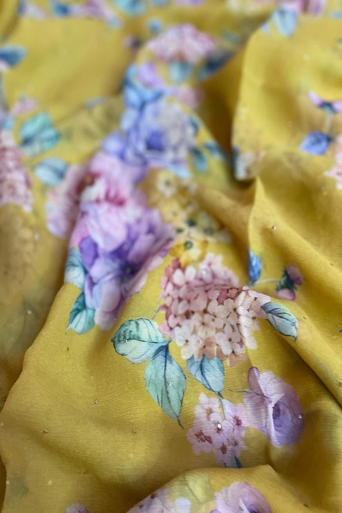 Yellow Multi Floral Printed Chiffon Saree With Blouse Piece