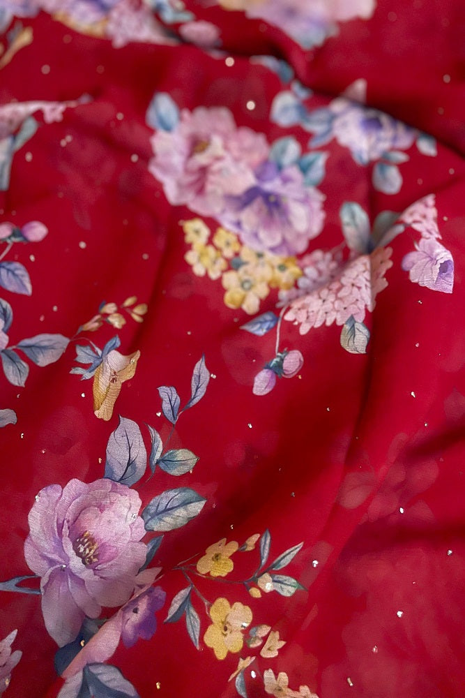 Red Multi Floral Printed Chiffon Saree With Blouse Piece