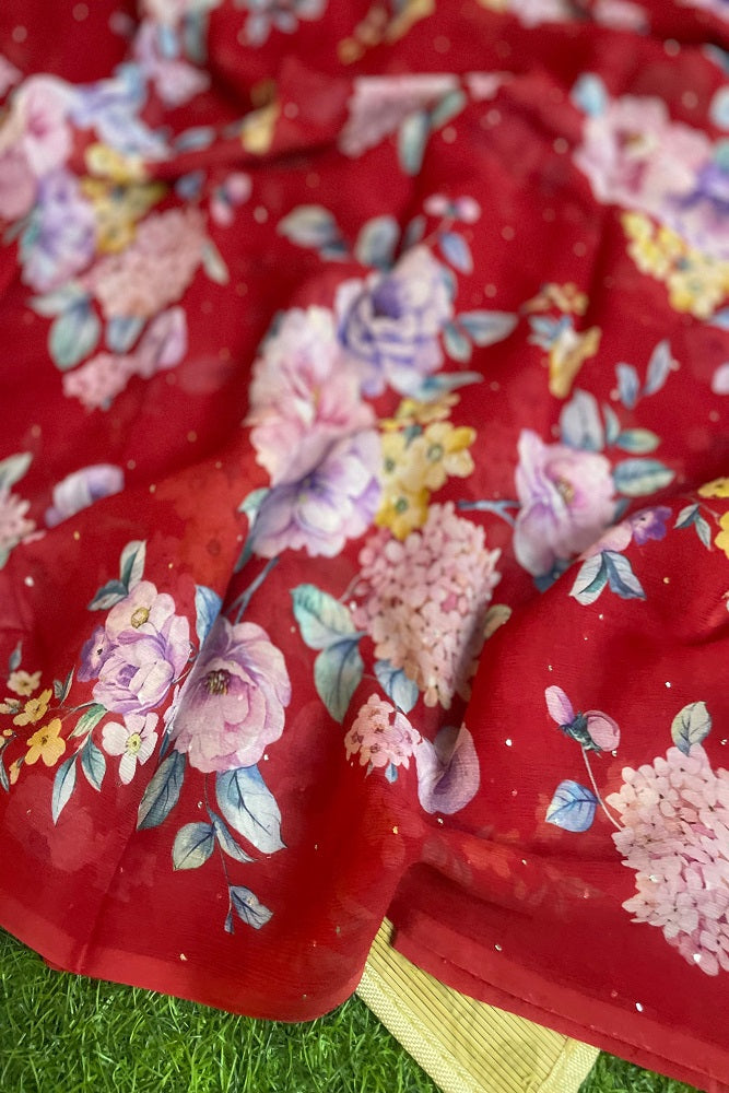 Red Multi Floral Printed Chiffon Saree With Blouse Piece