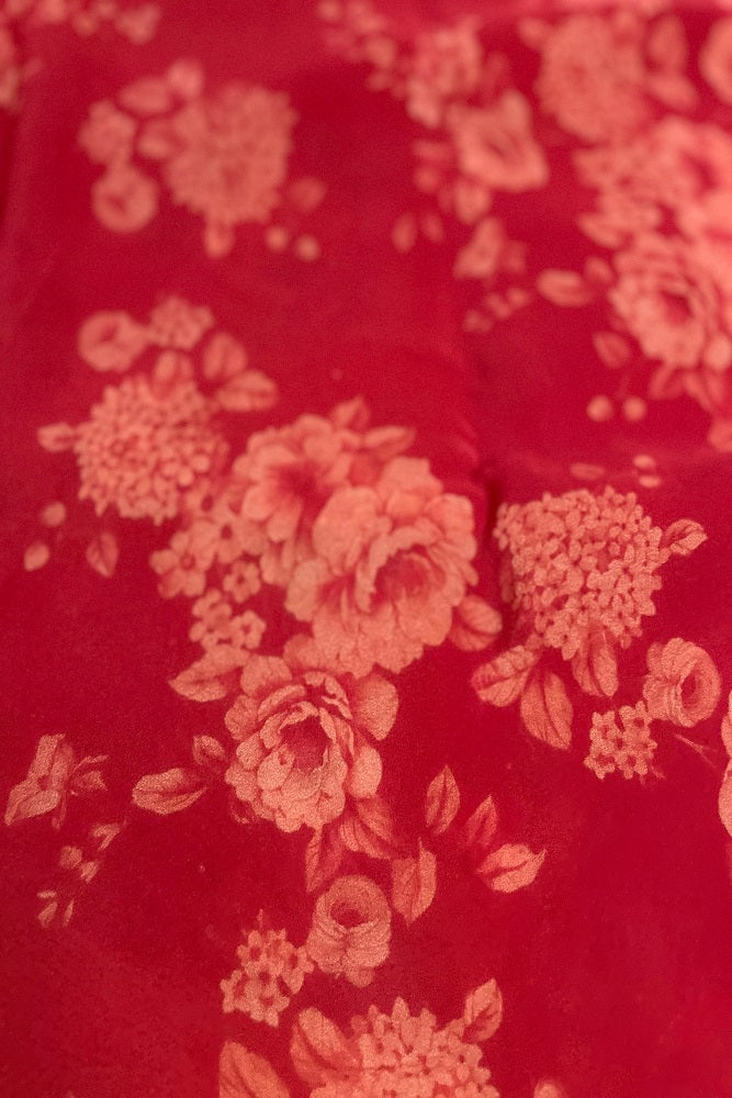Red Multi Floral Printed Chiffon Saree With Blouse Piece