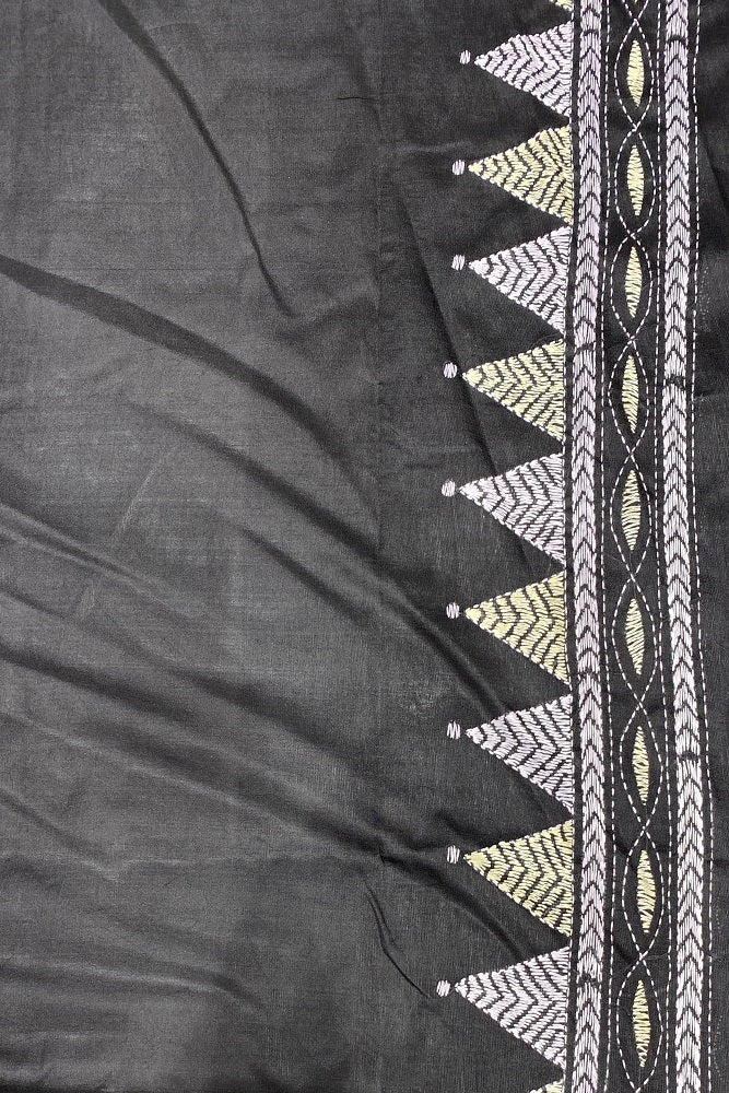 Black Pure Silk Bengal Kantha Stitch Saree With Blouse.