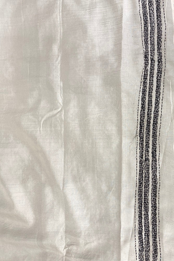 White & Black Pure Silk Bengal Kantha Stitch Saree With Blouse.