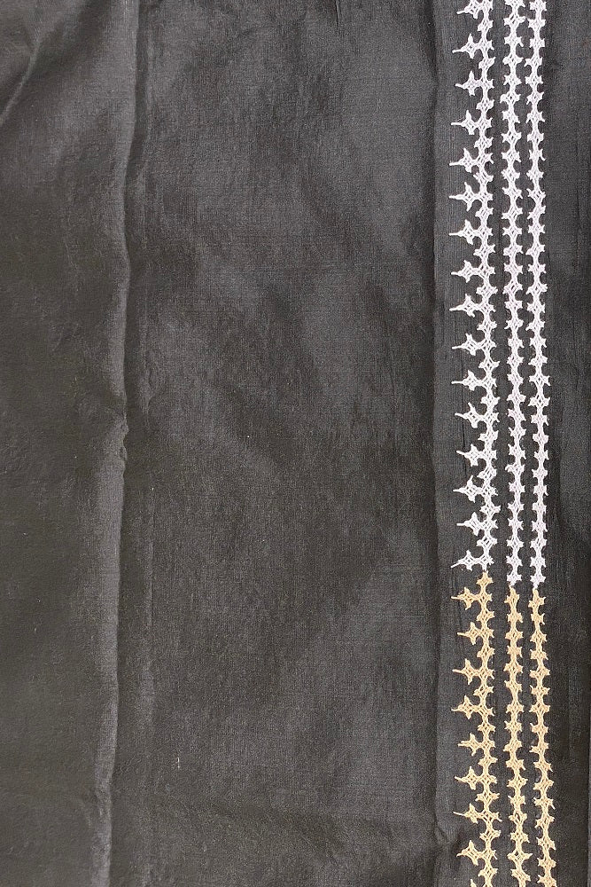 Black Pure Silk Bengal Kantha Stitch Saree With Blouse.