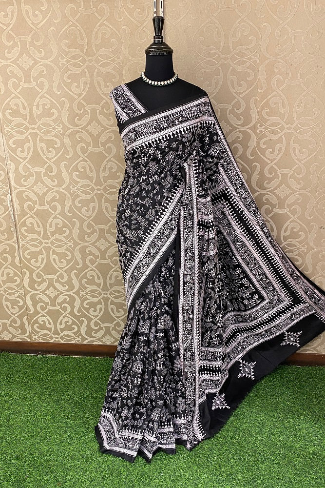 Black Pure Silk Bengal Kantha Stitch Saree With Blouse.