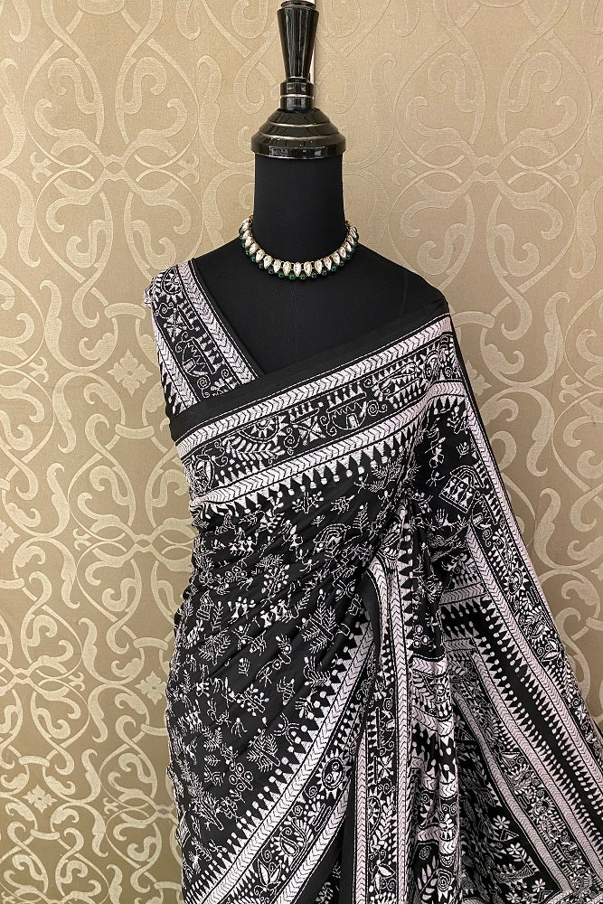 Black Pure Silk Bengal Kantha Stitch Saree With Blouse.