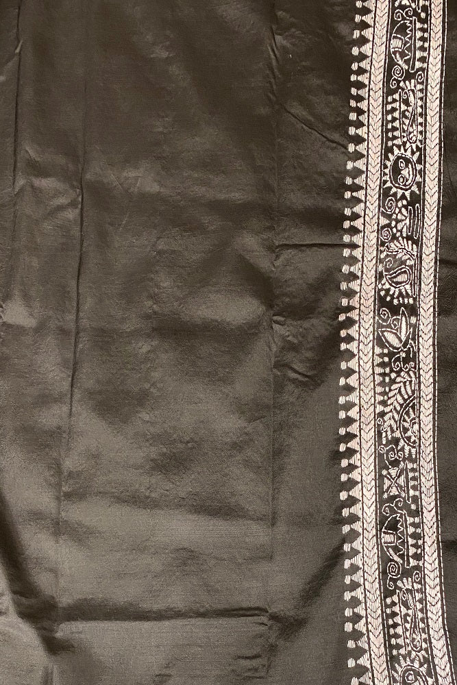 Black Pure Silk Bengal Kantha Stitch Saree With Blouse.