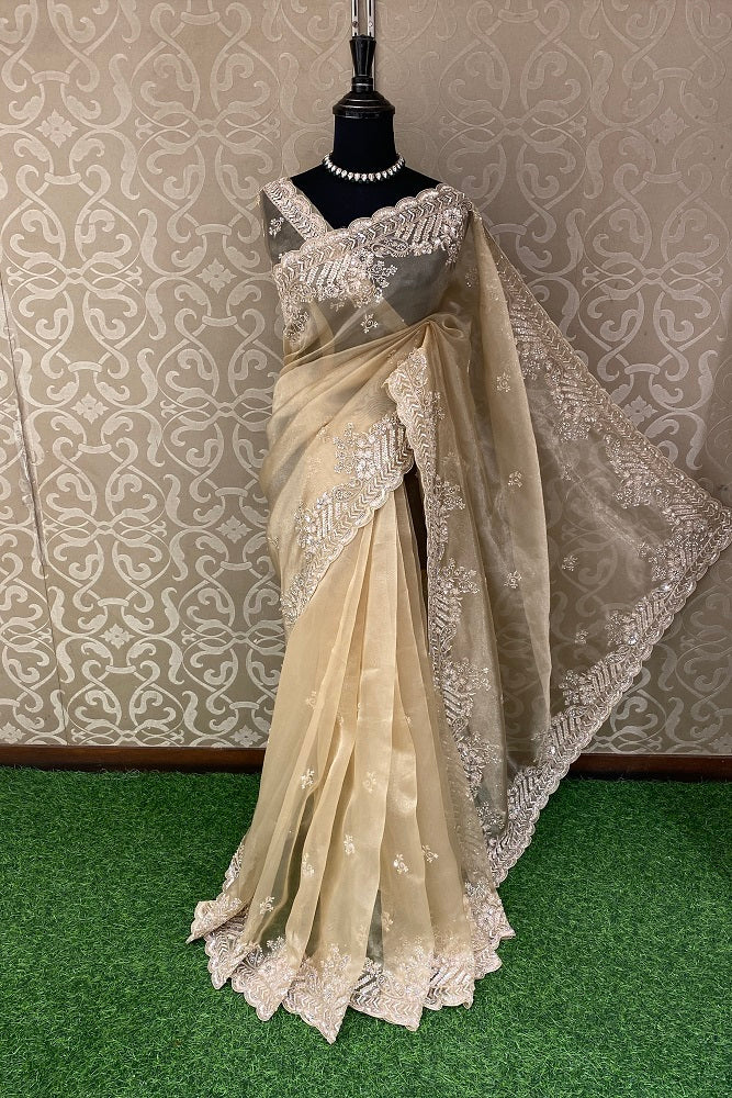 Gold Organza Silk Embroidery Party Wear Saree With Blouse Piece