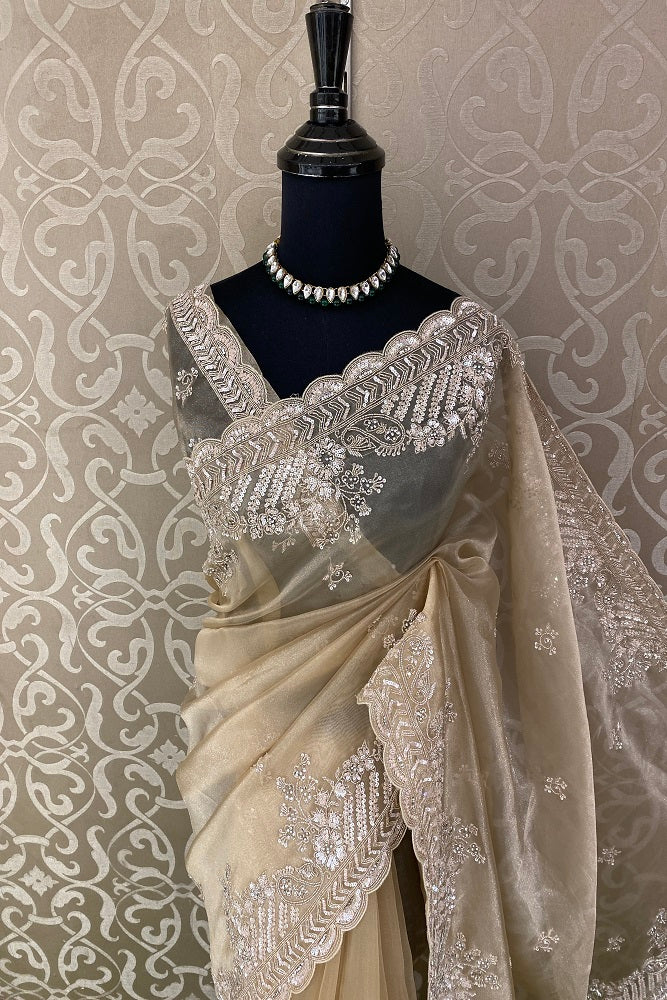 Gold Organza Silk Embroidery Party Wear Saree With Blouse Piece