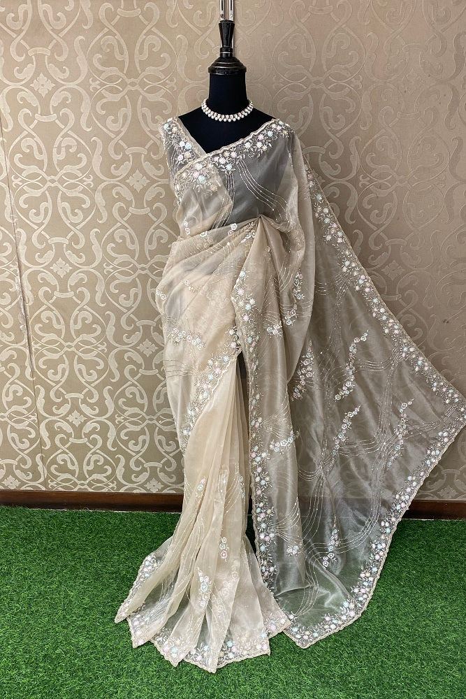 Offwhite Gold Organza Silk Embroidery Party Wear Saree With Blouse Piece