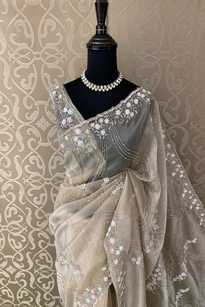 Offwhite Gold Organza Silk Embroidery Party Wear Saree With Blouse Piece