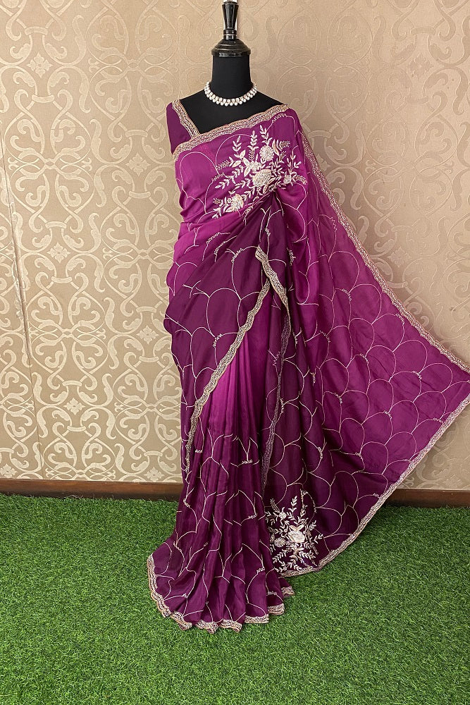 Purple Organza Silk Embroidery Party Wear Saree With Blouse Piece
