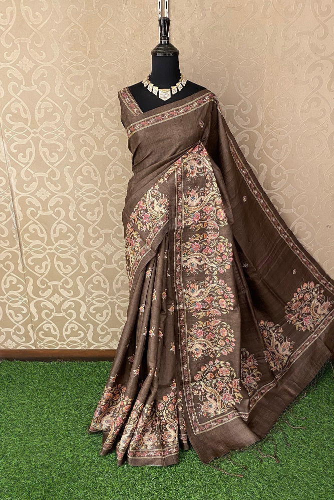 Brown Tussar Silk Saree Pita Zari Embroidery Work, With Blouse Piece
