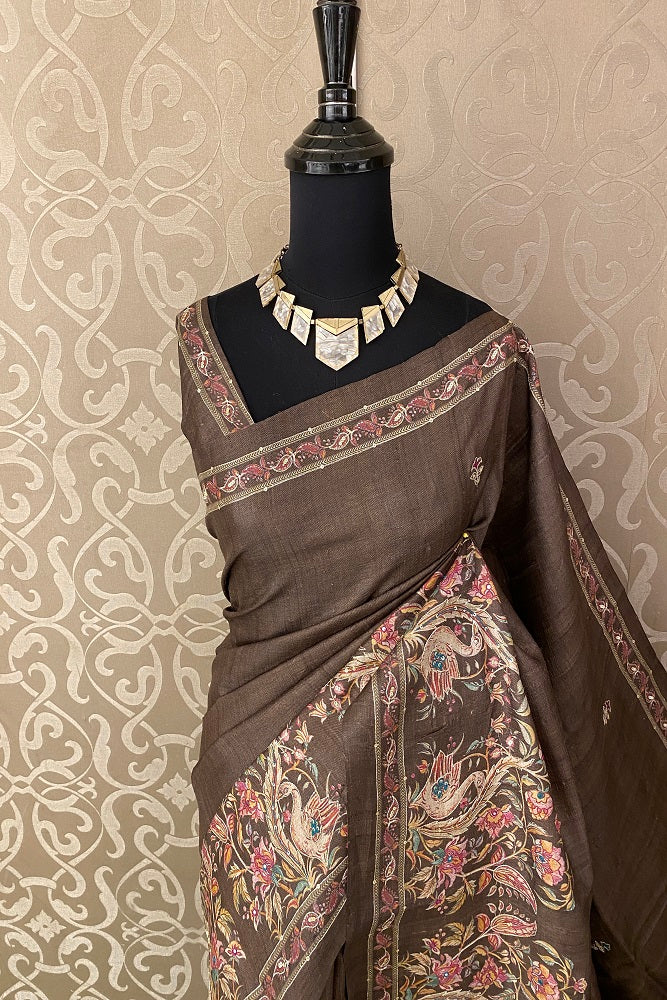 Brown Tussar Silk Saree Pita Zari Embroidery Work, With Blouse Piece
