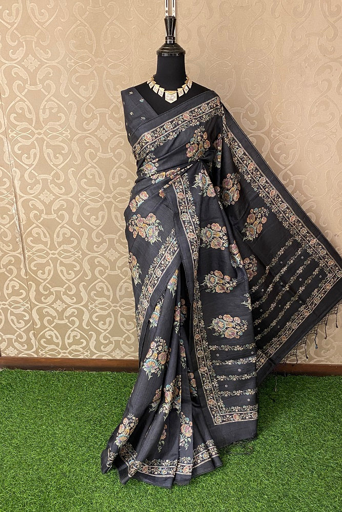 Black Tussar Silk Saree Pita Zari Embroidery Work, With Blouse Piece