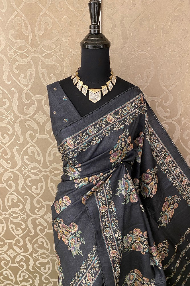 Black Tussar Silk Saree Pita Zari Embroidery Work, With Blouse Piece