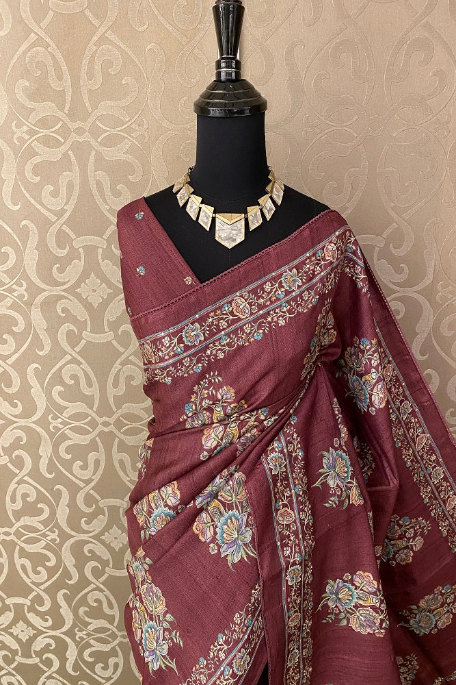 Maroon Tussar Silk Saree Pita Zari Embroidery Work, With Blouse Piece