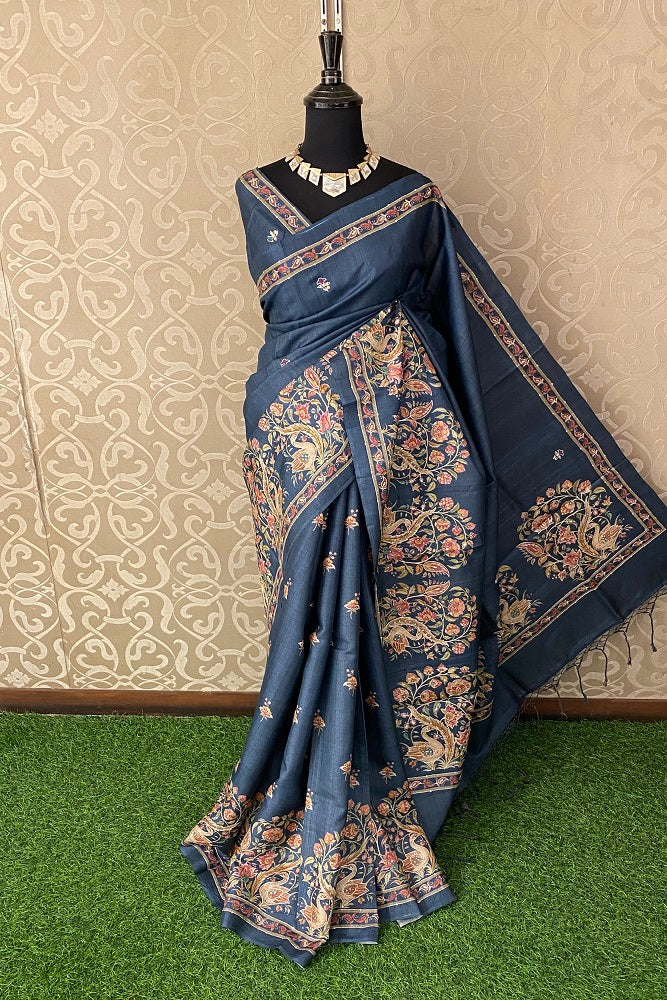 Blue Tussar Silk Saree Pita Zari Embroidery Work, With Blouse Piece