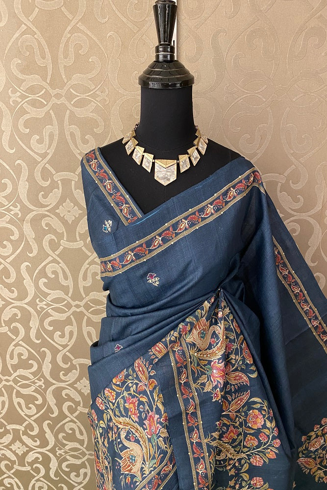 Blue Tussar Silk Saree Pita Zari Embroidery Work, With Blouse Piece