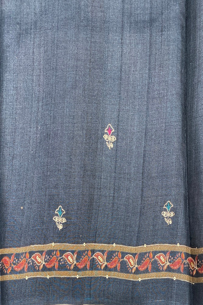 Blue Tussar Silk Saree Pita Zari Embroidery Work, With Blouse Piece