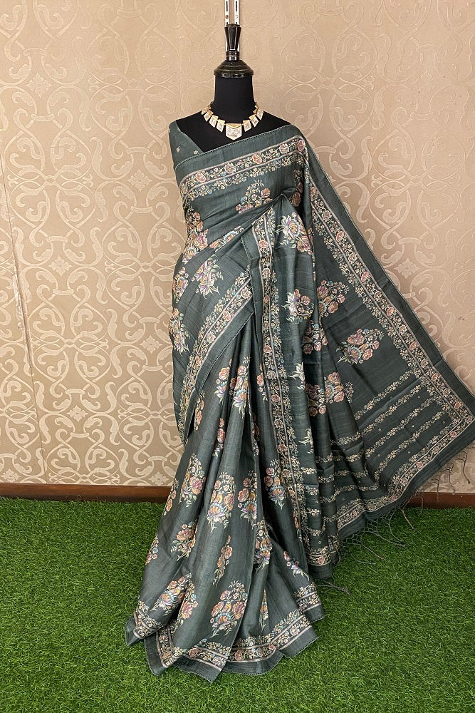 Green Tussar Silk Saree Pita Zari Embroidery Work, With Blouse Piece