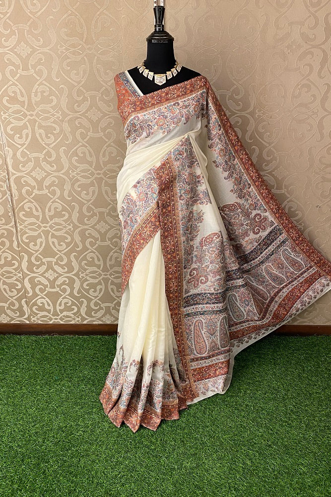 Offwhite Pure Kani Handloom Silk Saree With Floral Woven Blouse