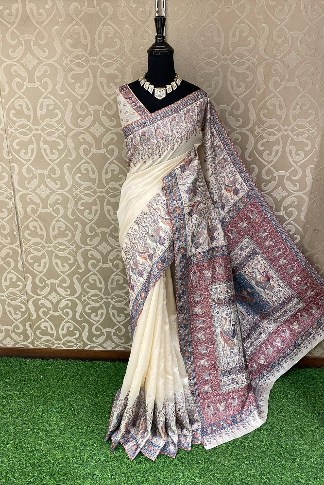 Offwhite Pure Kani Handloom Silk Saree With Floral Woven Blouse