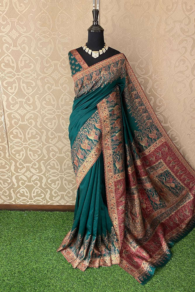 Bottle Green Pure Kani Handloom Silk Saree With Floral Woven Blouse