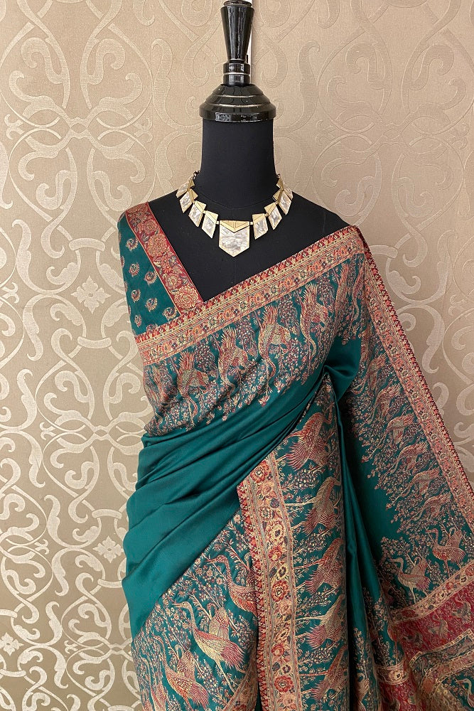 Bottle Green Pure Kani Handloom Silk Saree With Floral Woven Blouse