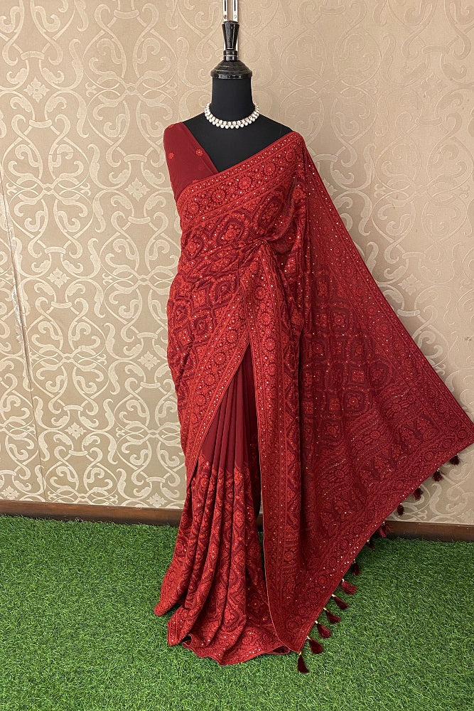 Maroon Georgette Saree With Chikankari Embroidery, Unstitched Blouse