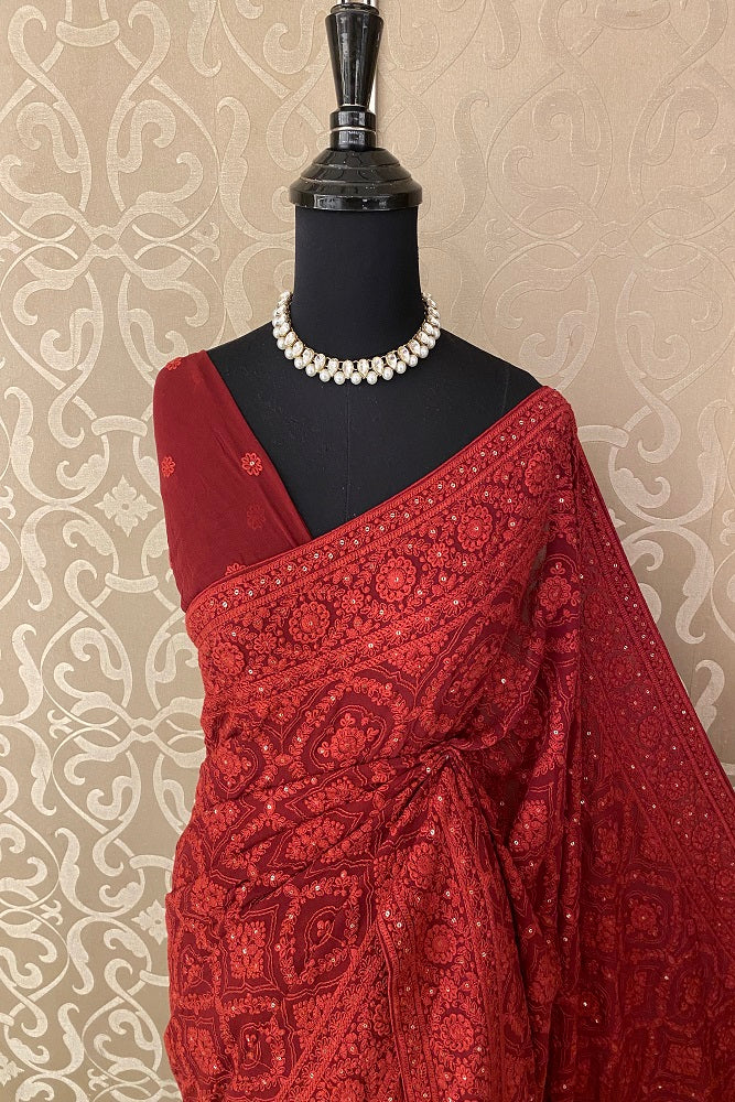 Maroon Georgette Saree With Chikankari Embroidery, Unstitched Blouse