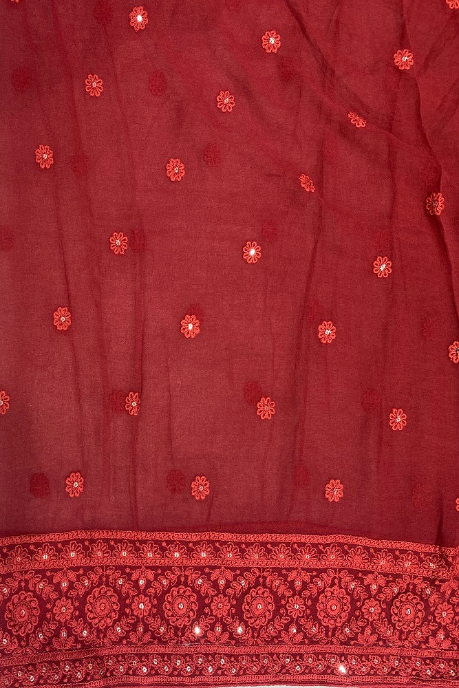 Maroon Georgette Saree With Chikankari Embroidery, Unstitched Blouse
