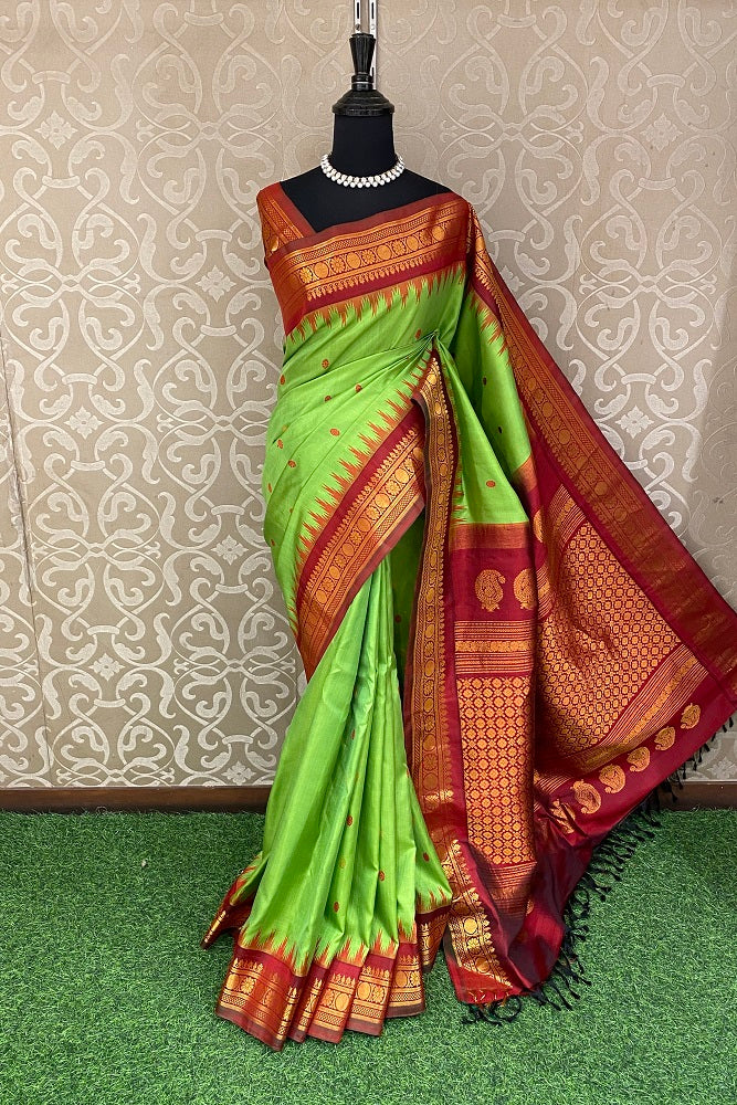 Green & Red Gadwal Silk Saree With Contrast Blouse