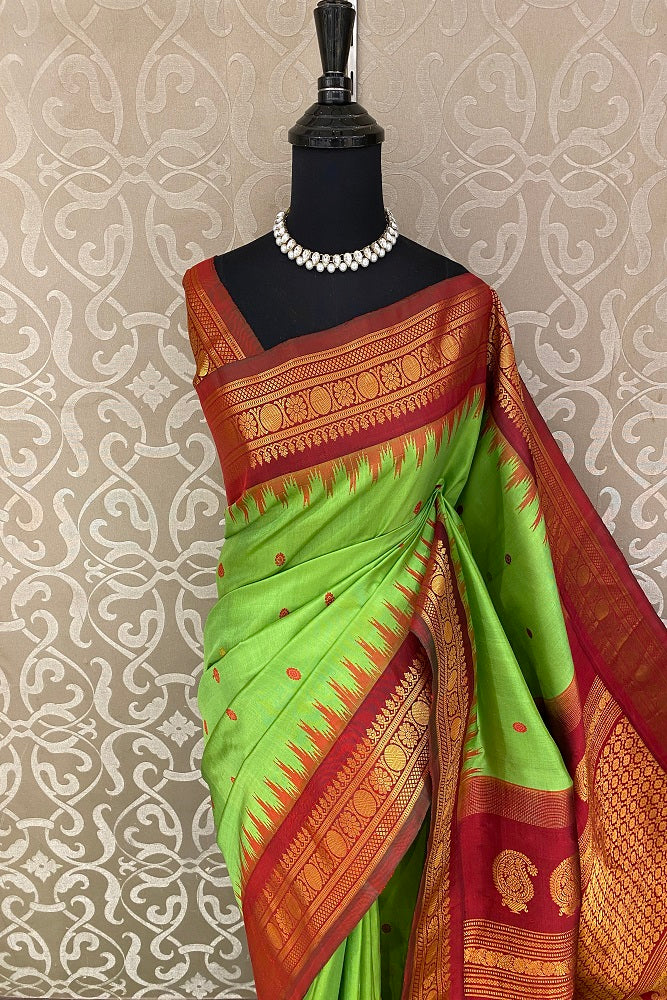 Green & Red Gadwal Silk Saree With Contrast Blouse