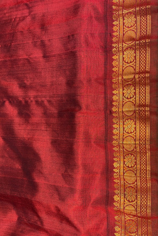 Green & Red Gadwal Silk Saree With Contrast Blouse