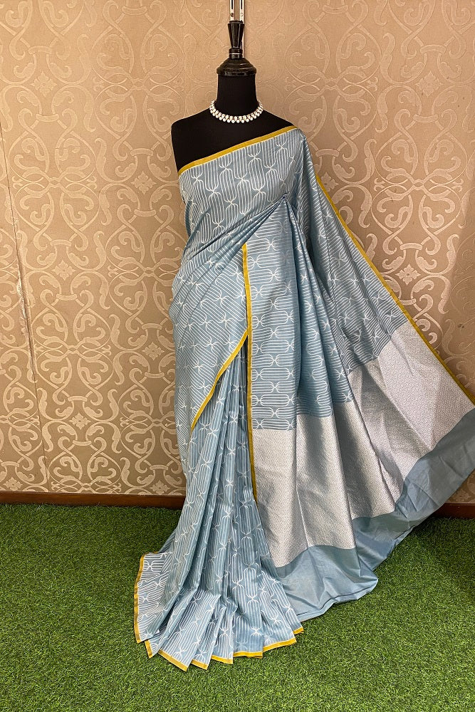 Powder Blue Uppada Silk Saree Weaving Jaal Work And Border With Blouse