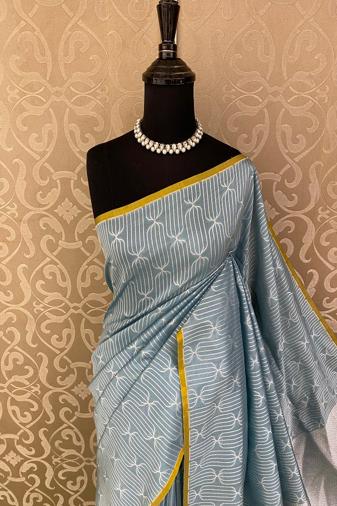 Powder Blue Uppada Silk Saree Weaving Jaal Work And Border With Blouse