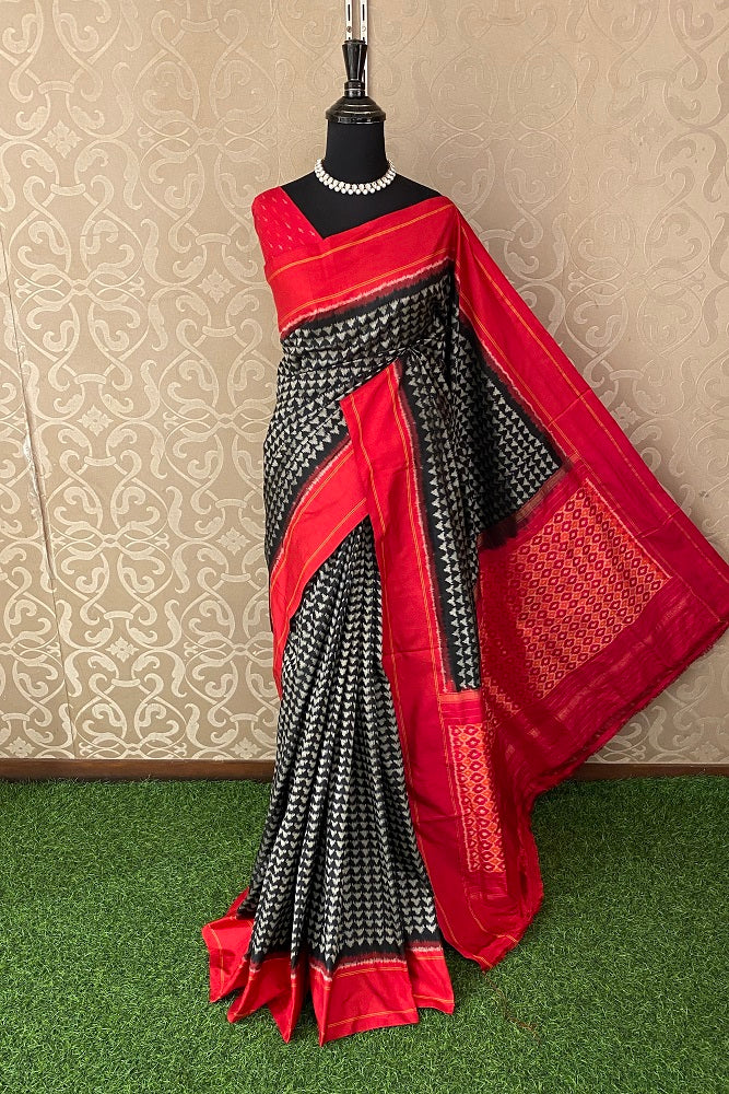 Black Pochampally Ikat Silk Saree, Multi Colour Weaving With Blouse.