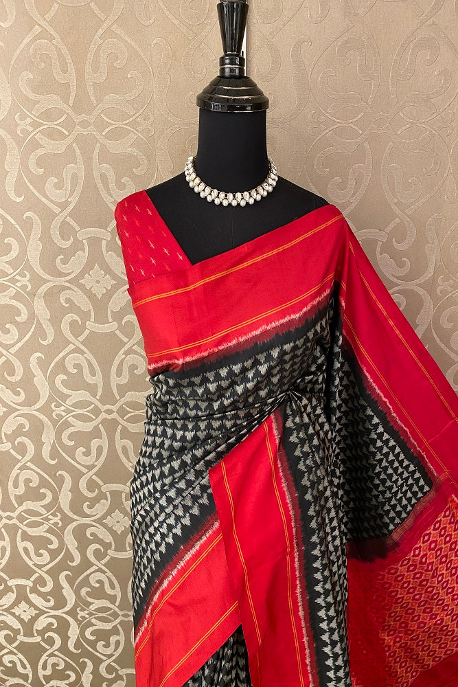 Black Pochampally Ikat Silk Saree, Multi Colour Weaving With Blouse.