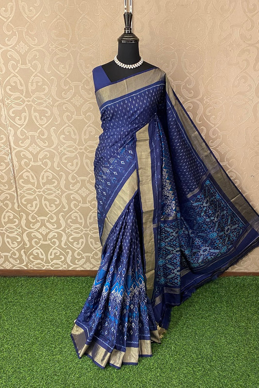 Blue Pochampally Ikat Silk Saree, Multi Colour Weaving With Blouse.
